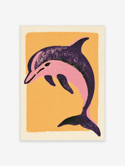 Stylized pink dolphin illustration on a textured orange background, illustrative sea animal wall art print