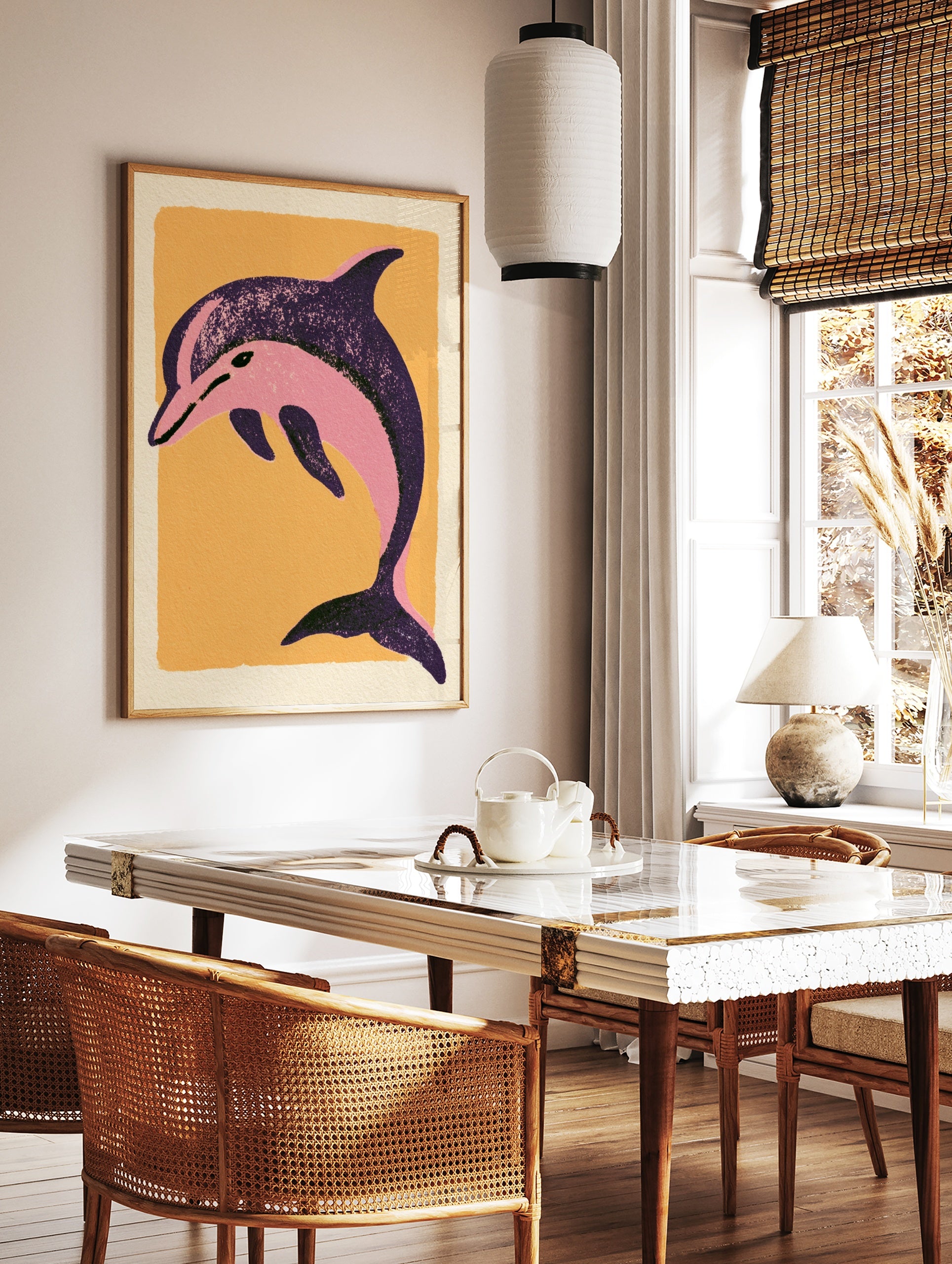 Stylized pink dolphin illustration on a textured orange background, illustrative sea animal wall, in a styled room mockup