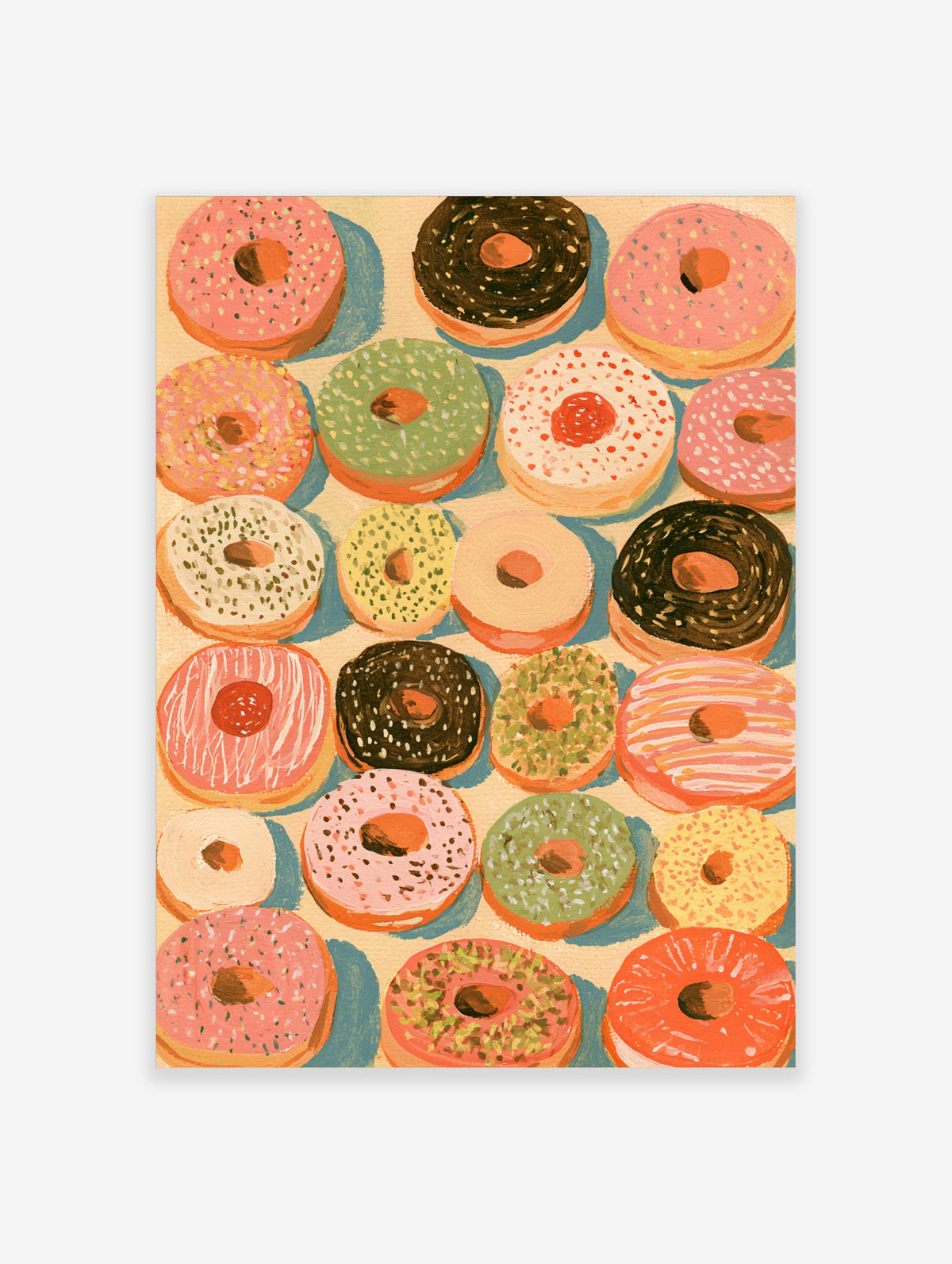 Colourful donut poster with pink, green and chocolate iced ring donuts on a cream background