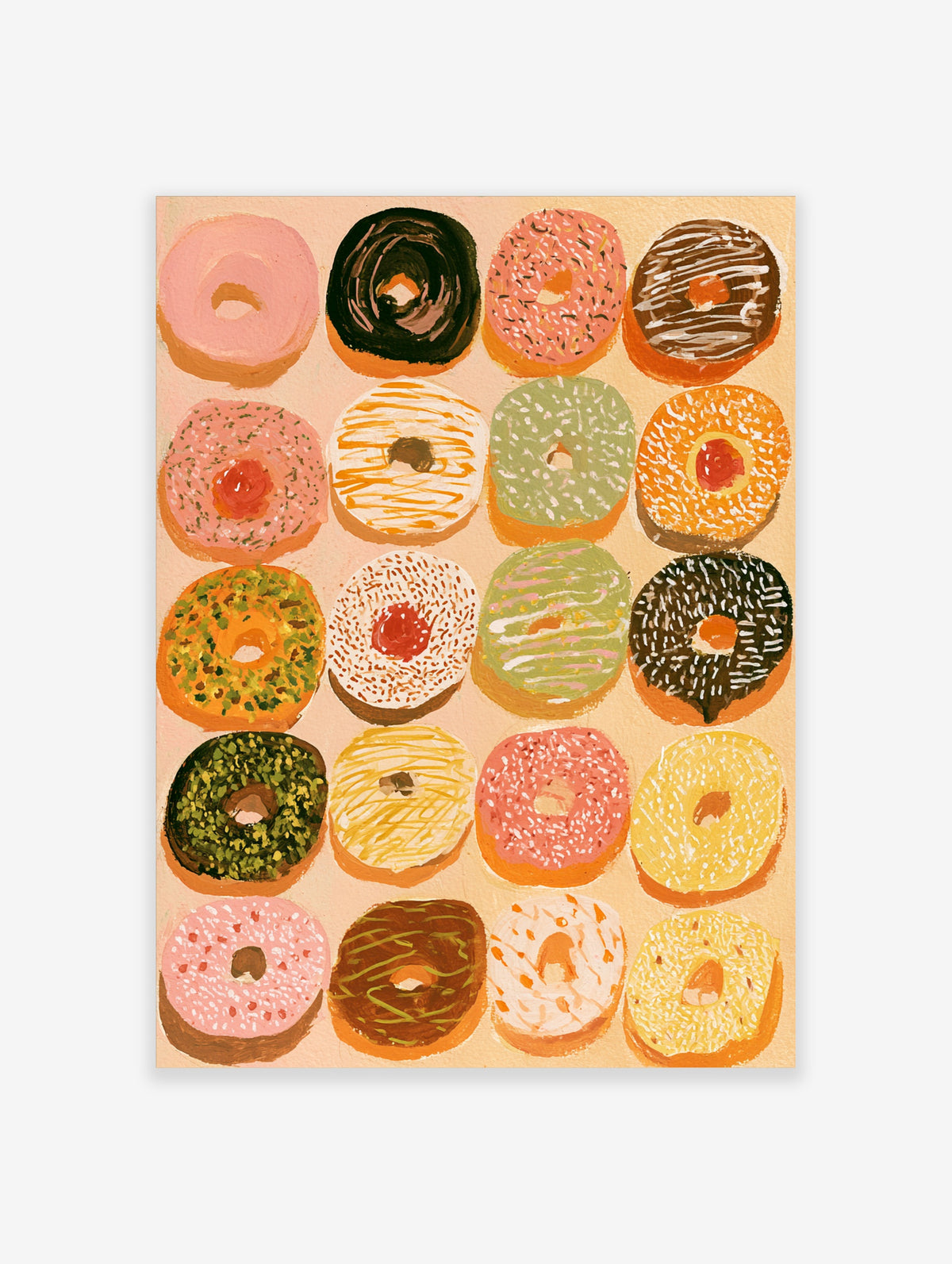 Colourful donut wall art print with twelve painted doughnuts in pink, brown and green icing on a beige background