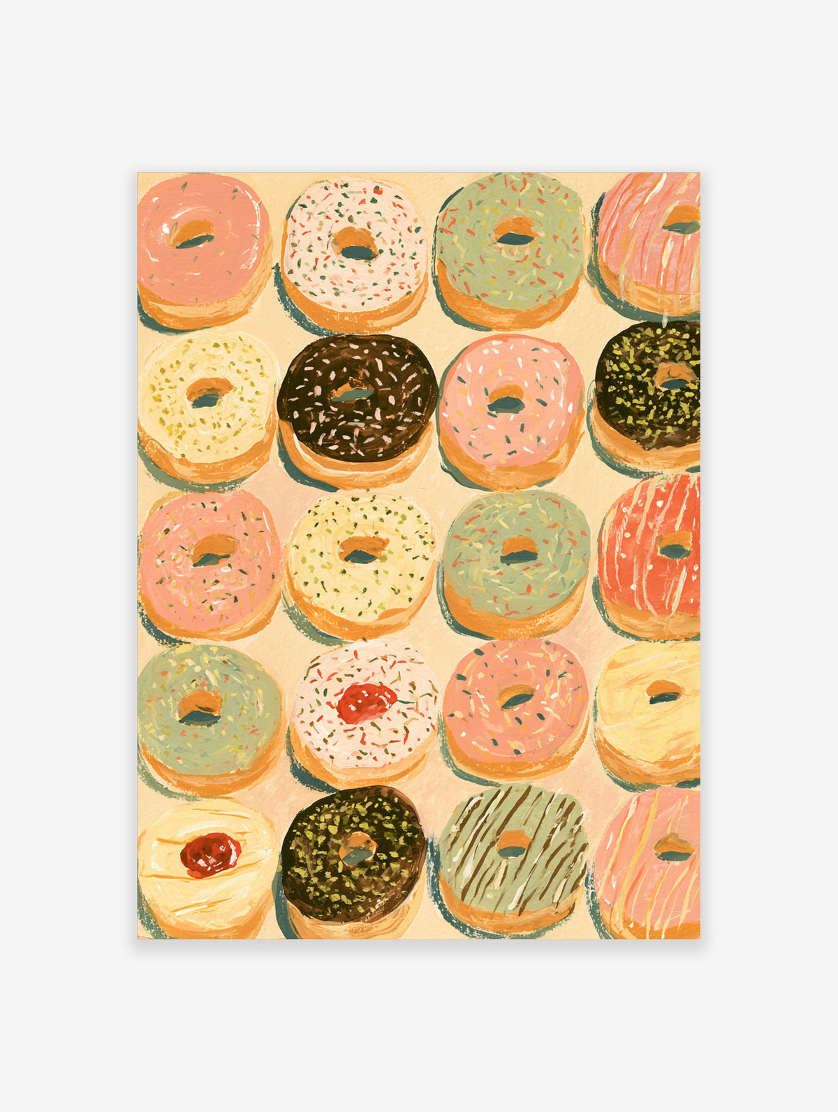 Colourful donut wall art print with twelve glazed doughnuts in pink, green and chocolate on a beige background