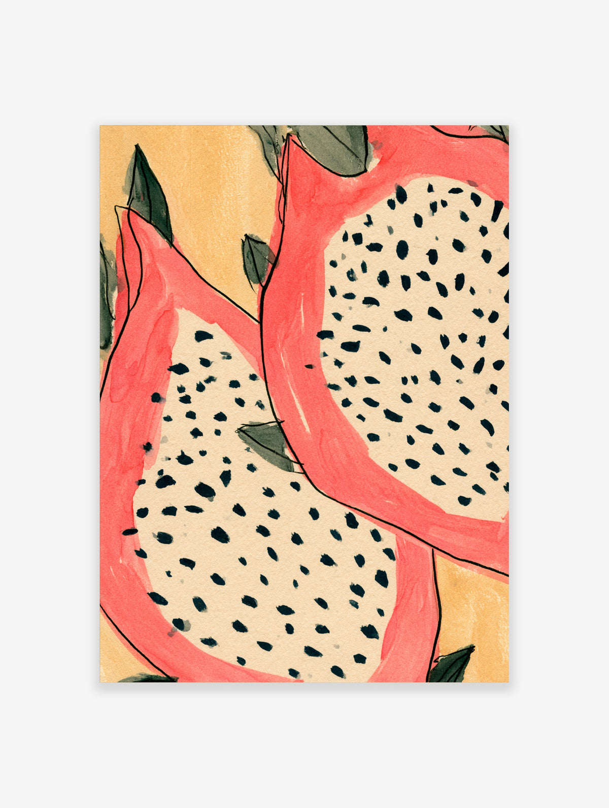 Pink dragon fruit wall art showing two halved fruits with black seeds and green leaves on a yellow background