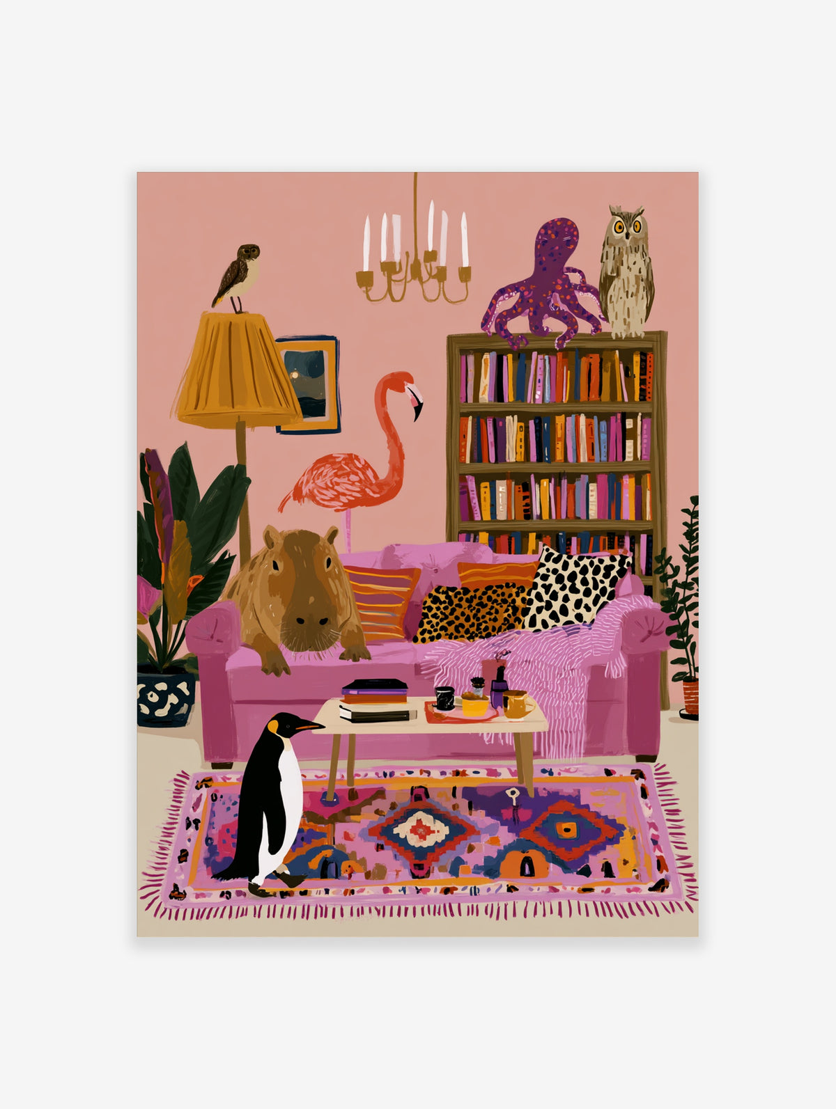 Pink eclectic animal poster with capybara, penguin, flamingo, owl and octopus in a surreal living room scene