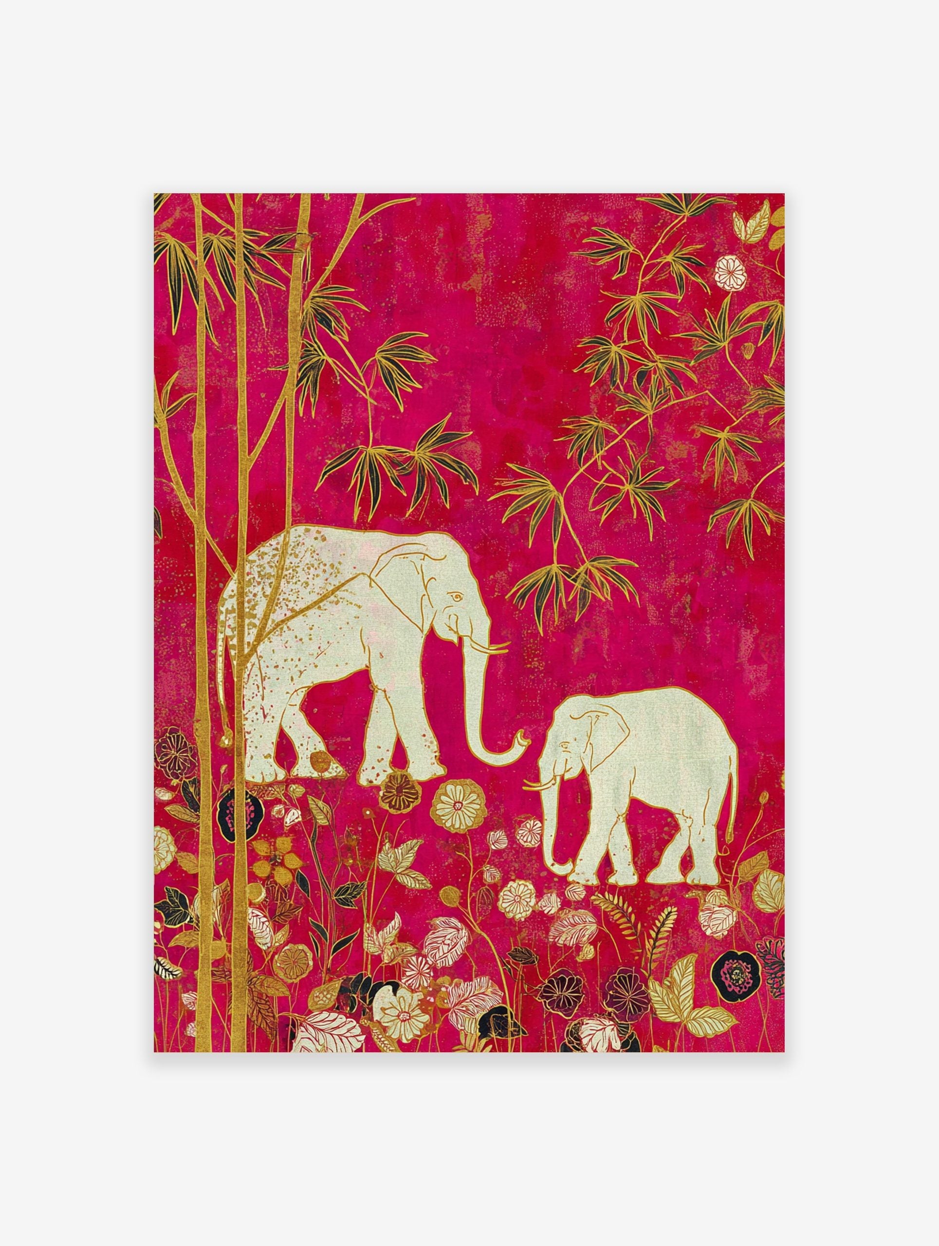 Illustrative wall art with two white elephants, golden bamboo, and ornate flowers on a fuchsia background