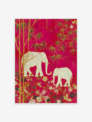 Illustrative wall art with two white elephants, golden bamboo, and ornate flowers on a fuchsia background