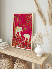 Illustrative wall art with two white elephants, golden bamboo, and ornate flowers on a, in an alternate framed mockup