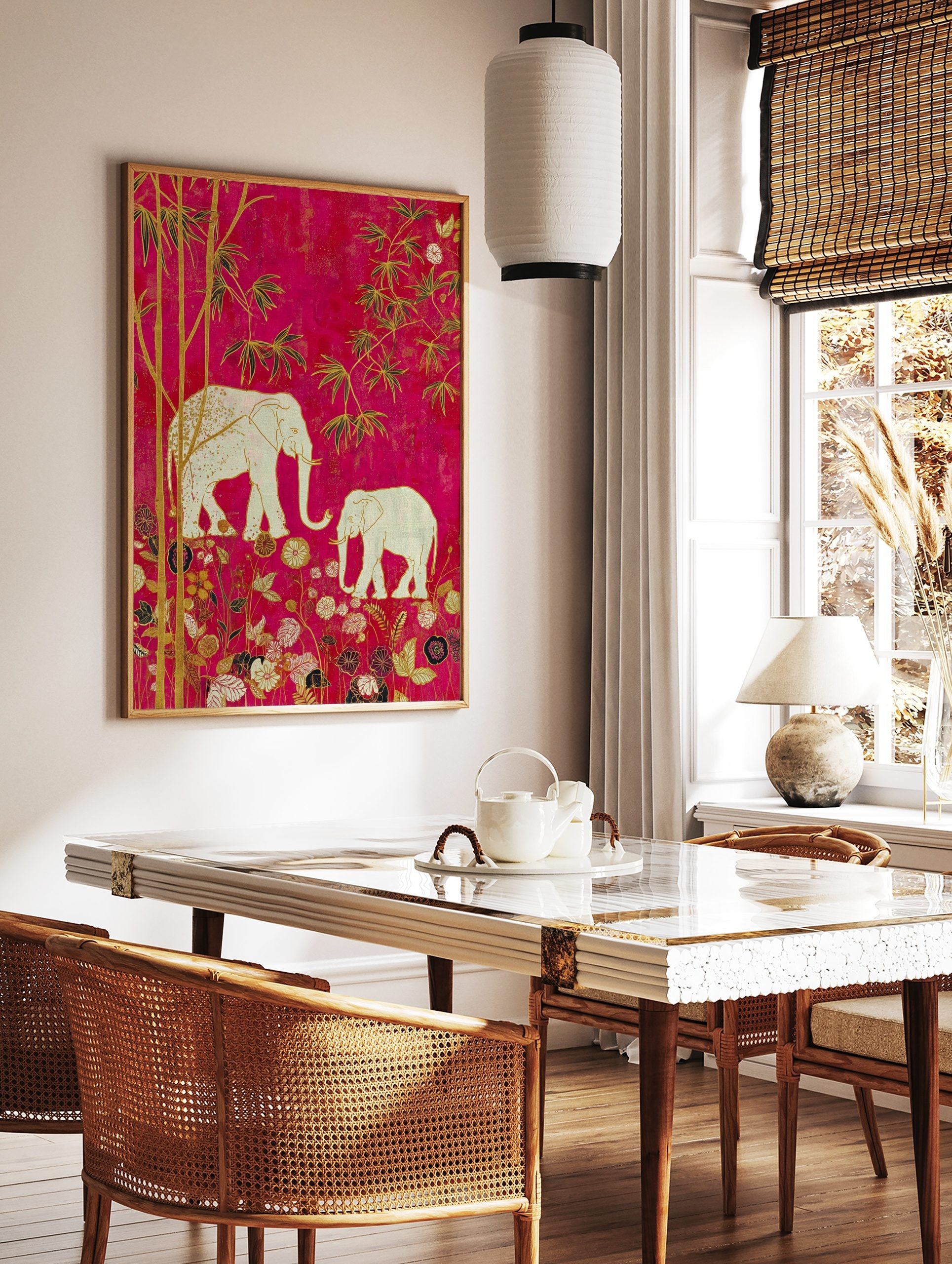 Illustrative wall art with two white elephants, golden bamboo, and ornate flowers on a fuchsia, in a styled room mockup
