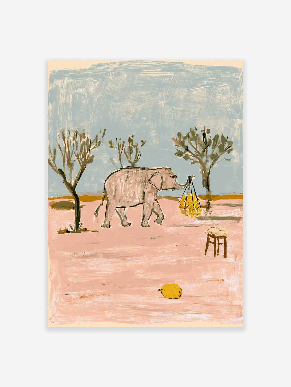Pink elephant carrying yellow fruit in net, pastel landscape, trees, stool, poster