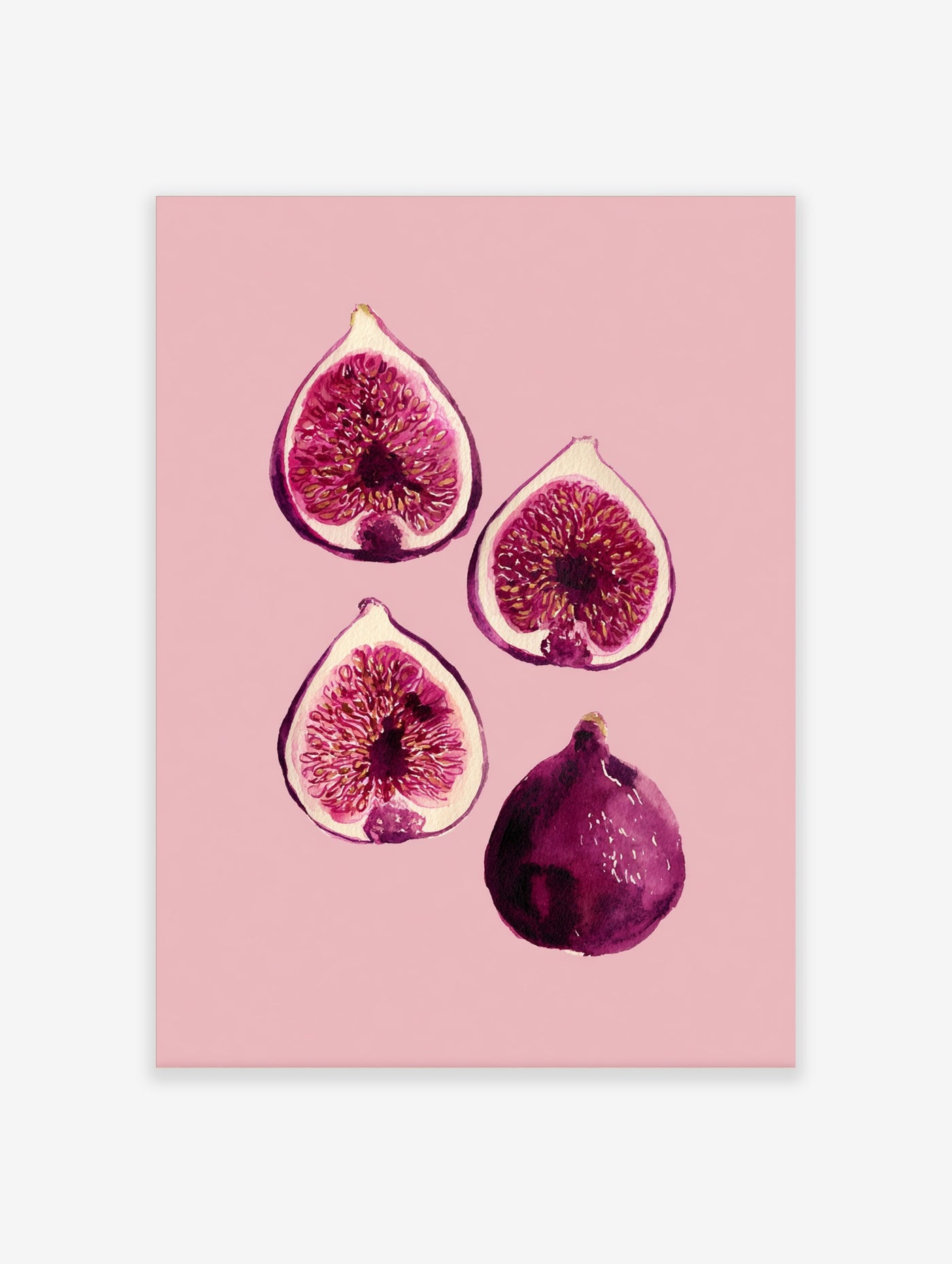 Watercolor fig art print with three cut figs and one whole fig on pink background