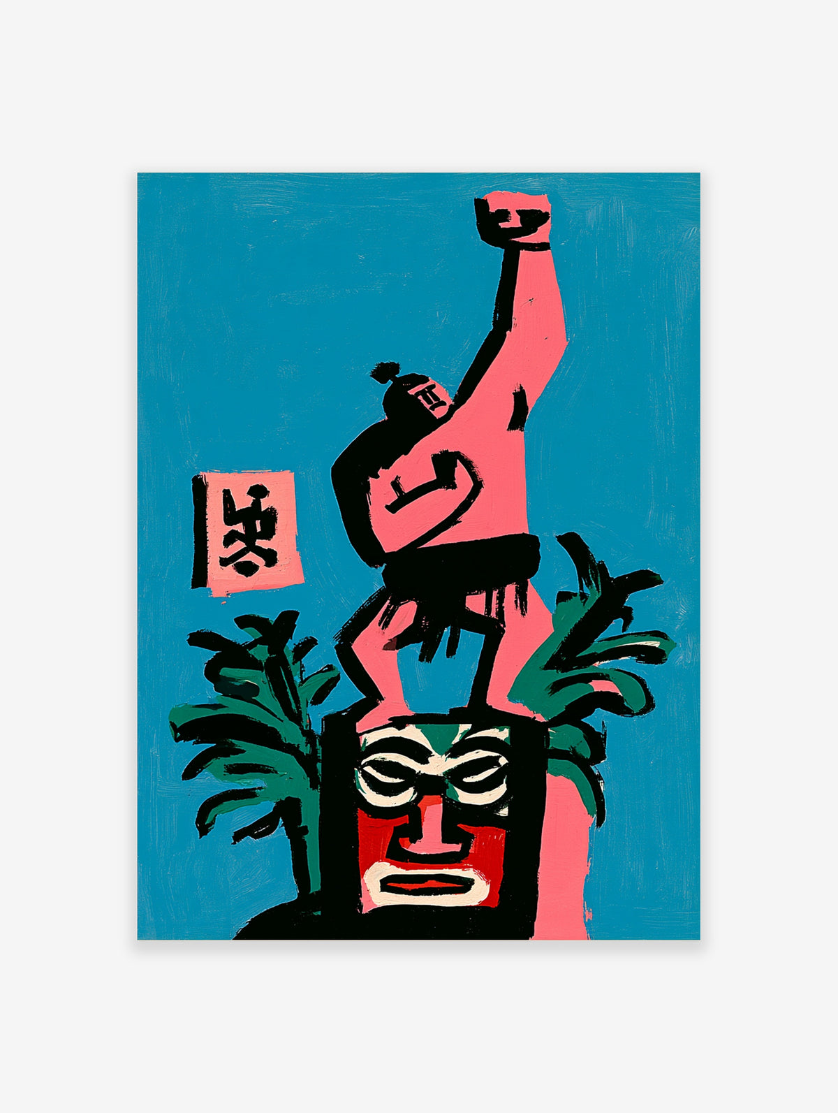 Pink figure with raised fist standing on red mask with green leaves, pink kanji square, teal background, wall art print