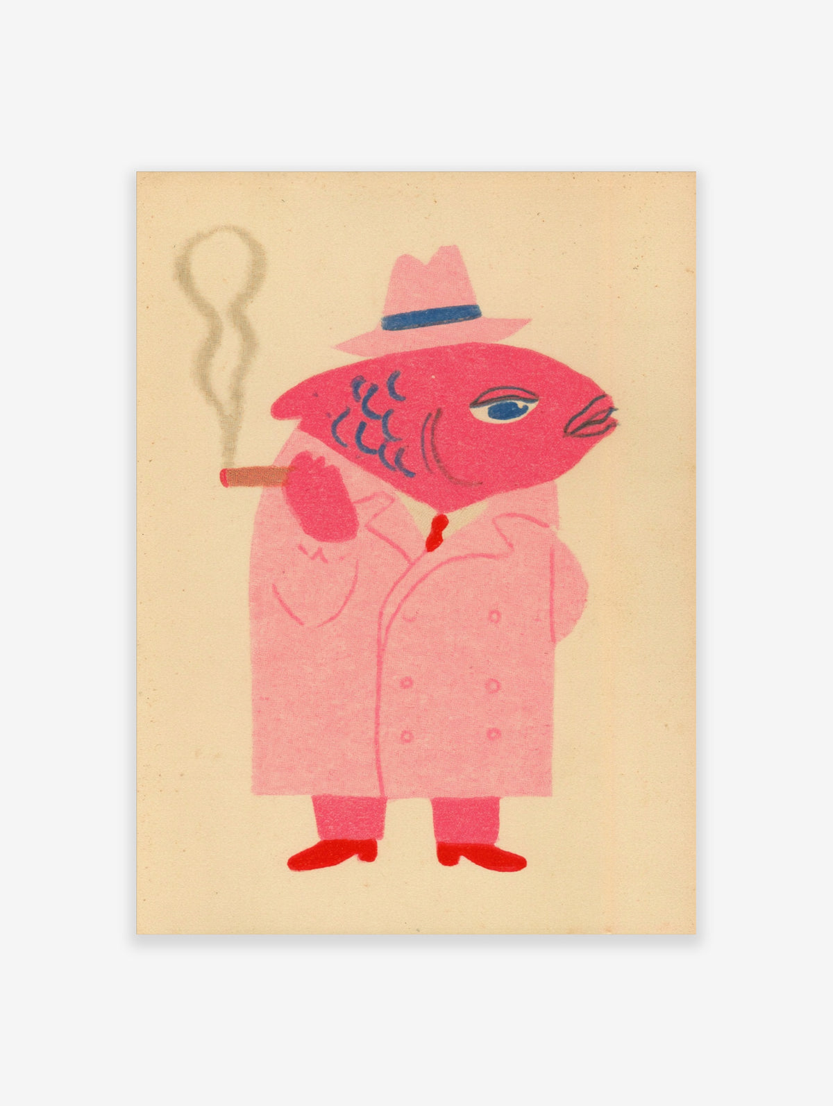 Pink fish detective in fedora and trench coat smoking a cigar, retro illustration on cream background