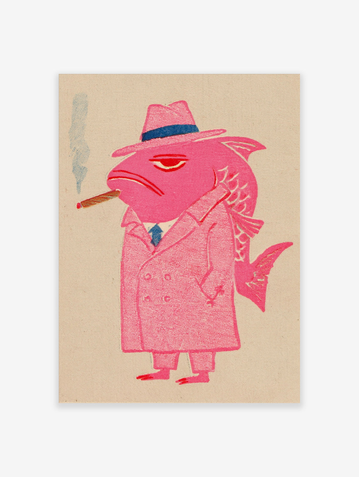 Pink fish gangster poster with fedora, cigar, and coat on cream background