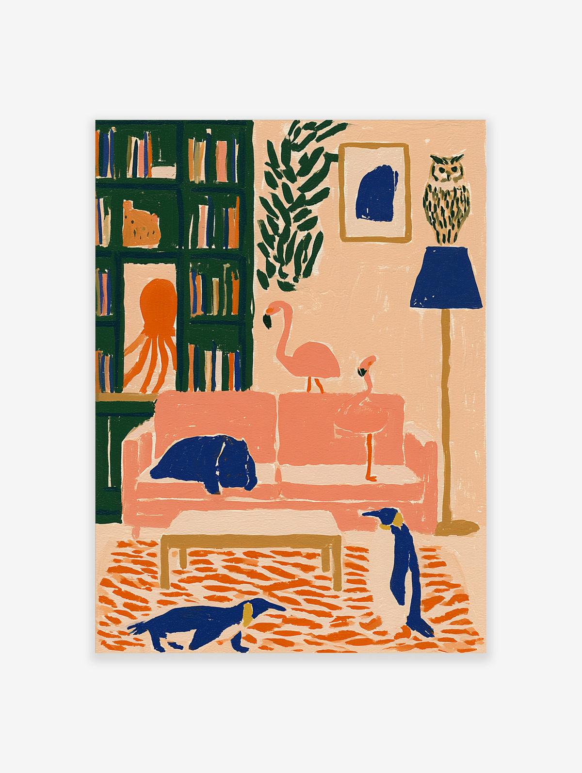 Pink flamingo and octopus wall art print with blue dog on sofa and owl lamp