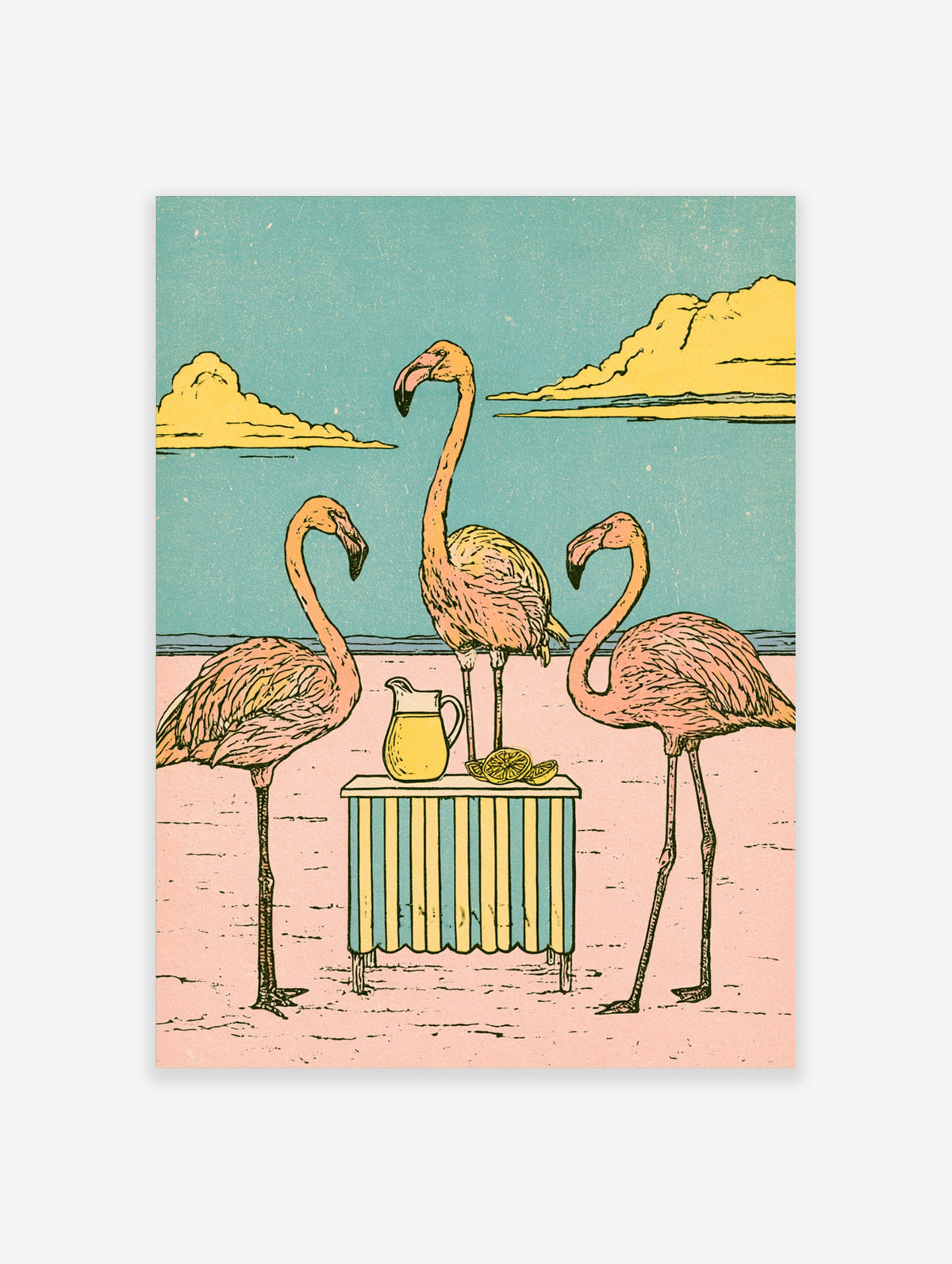Pink flamingo beach poster with three flamingos, striped table, lemonade jug and lemon slices on pastel sand