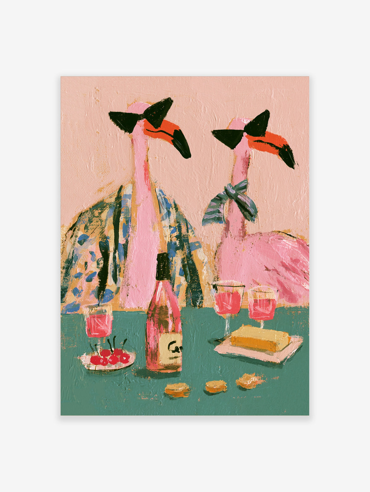 Pink flamingo poster with two birds in robes and bow ties beside wine, cherries and cheese on a teal table