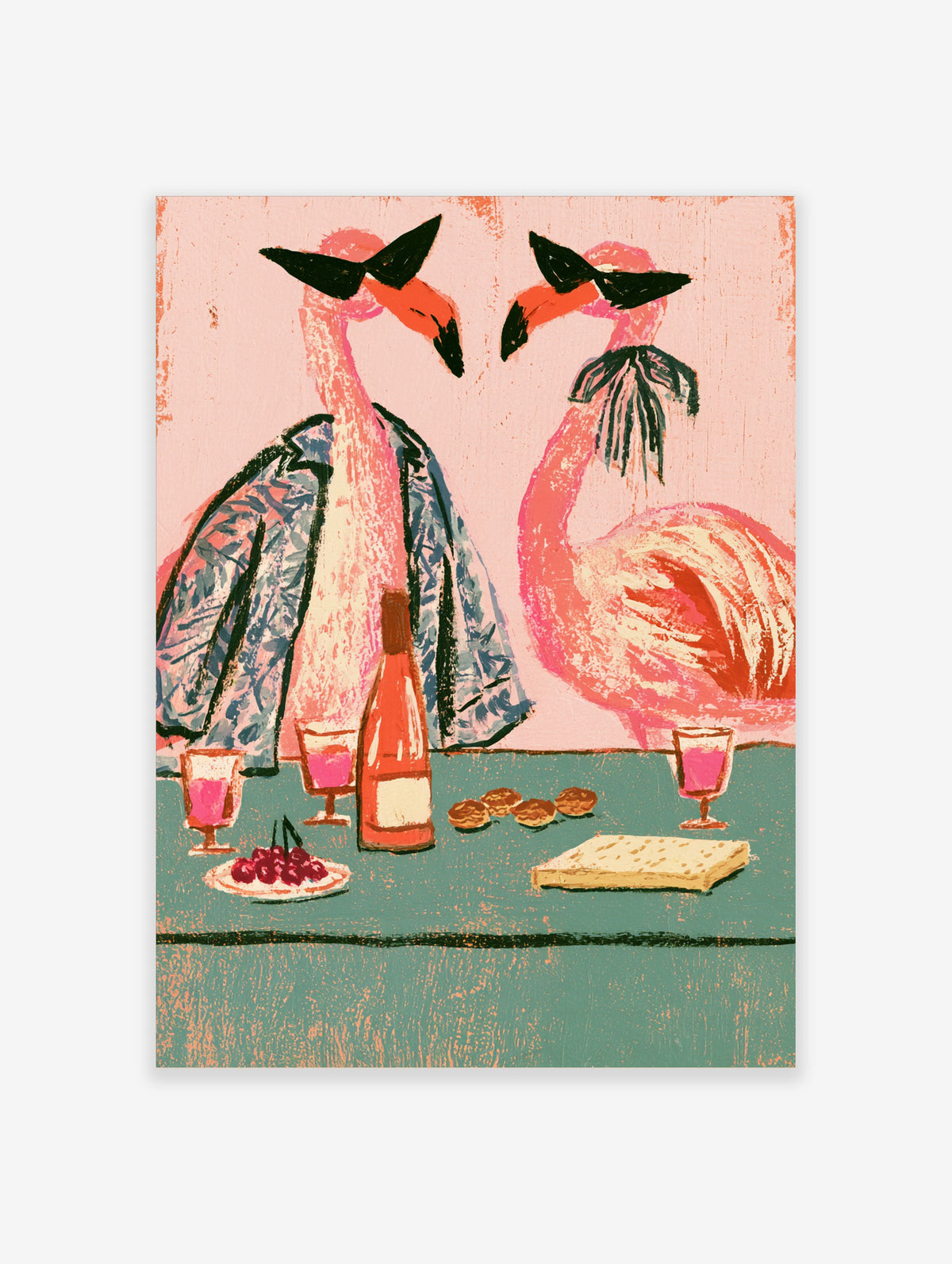 Pink flamingo poster with two birds in sunglasses and a bow tie beside wine, cheese and cherries on a teal table