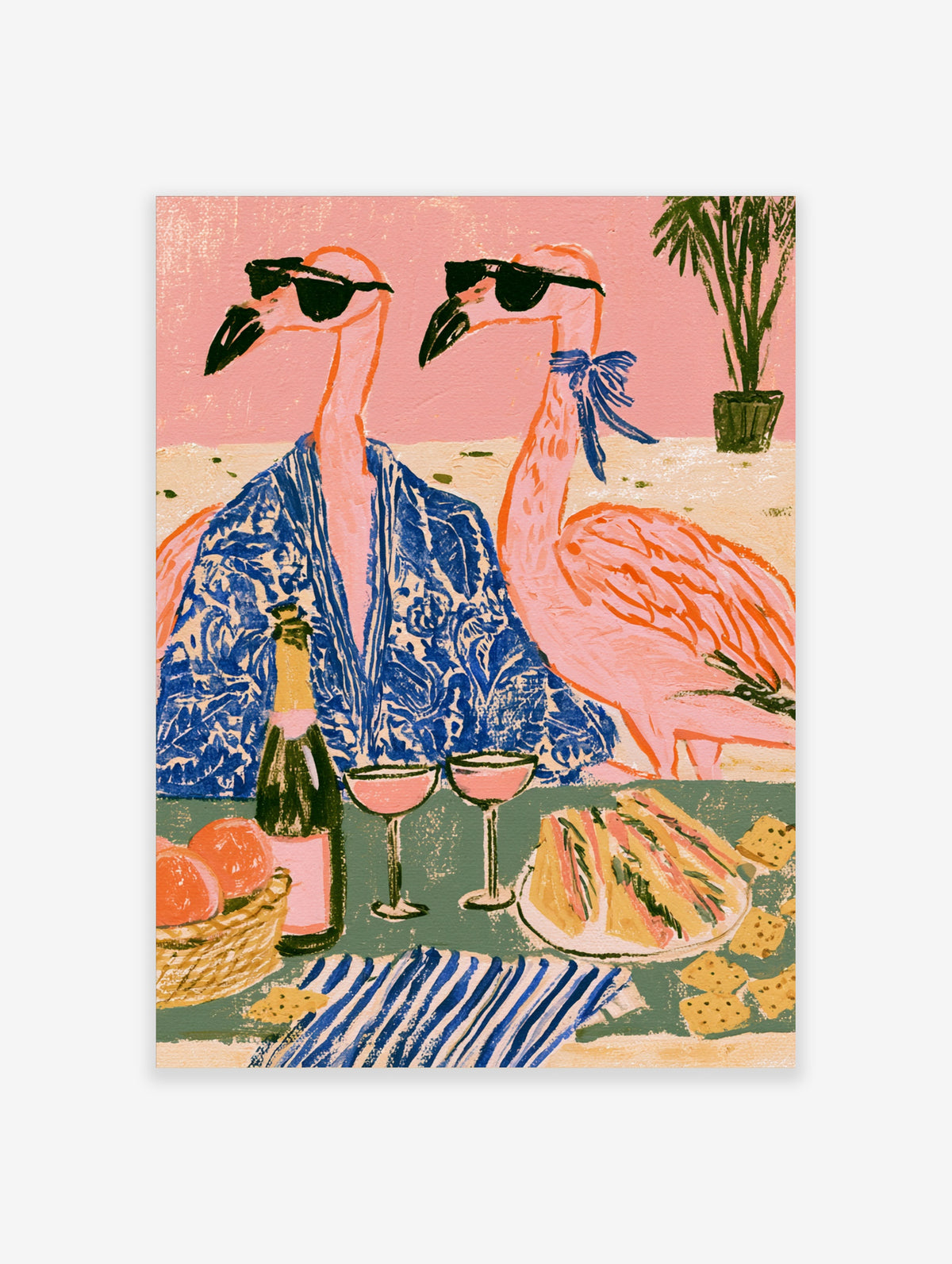 Pink flamingo poster with two birds in sunglasses, blue robe, wine glasses, and fruit on a green table