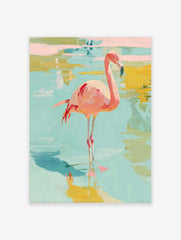 Pink flamingo bird standing in shallow blue and yellow water, painted with abstract brushstrokes