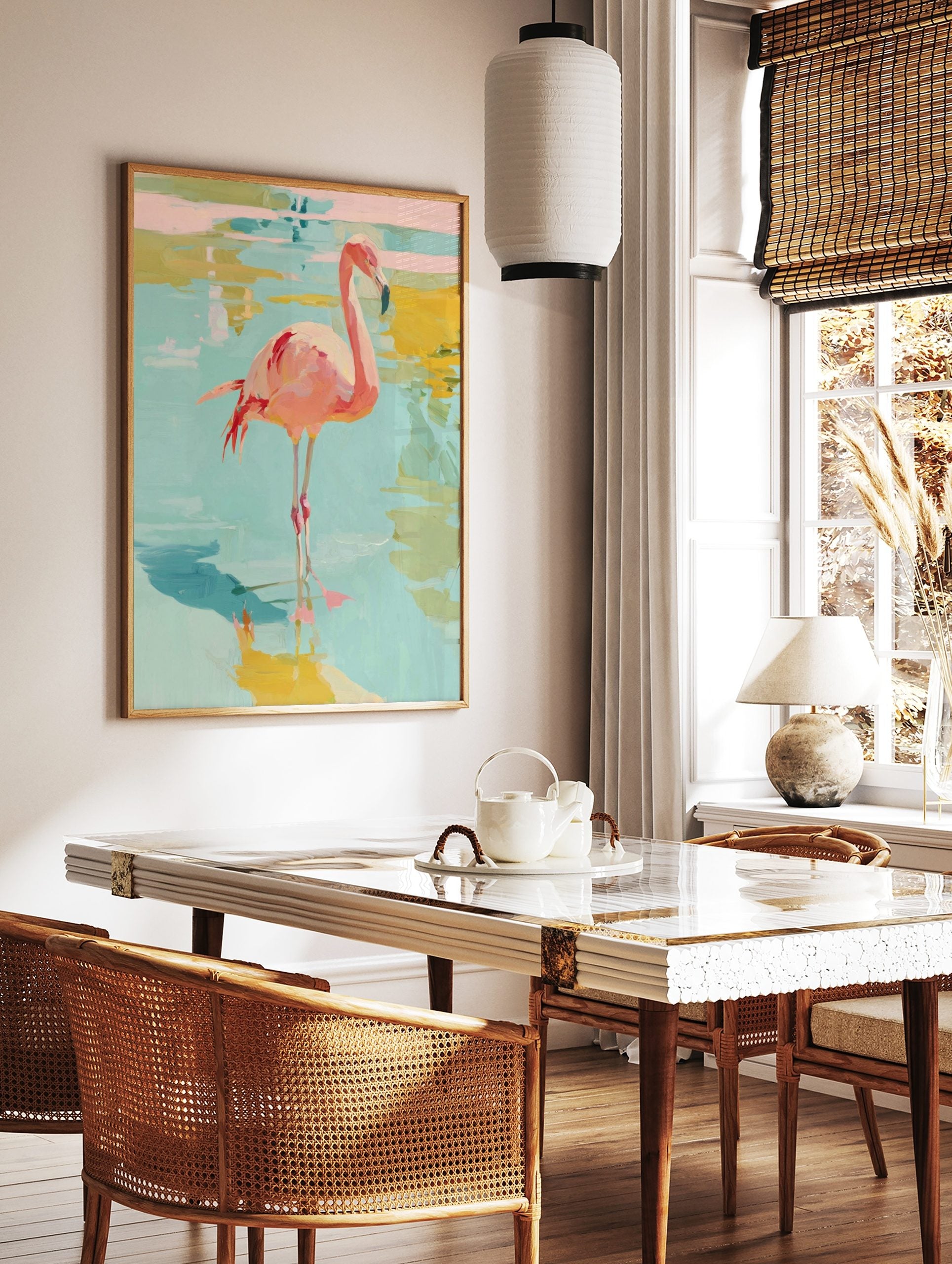 Pink flamingo bird standing in shallow blue and yellow water, painted with abstract brushstrokes, in a styled room mockup