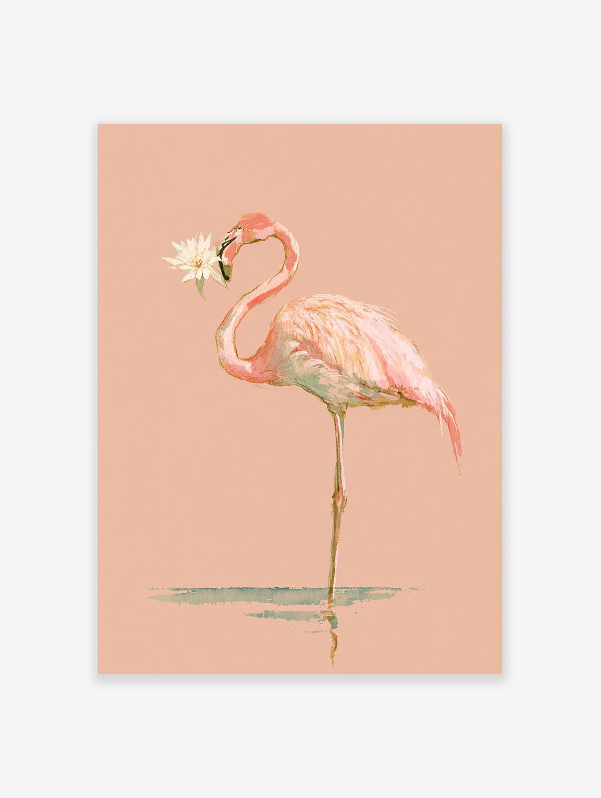 Pink flamingo holding a white water lily, pastel animal art print on peach background