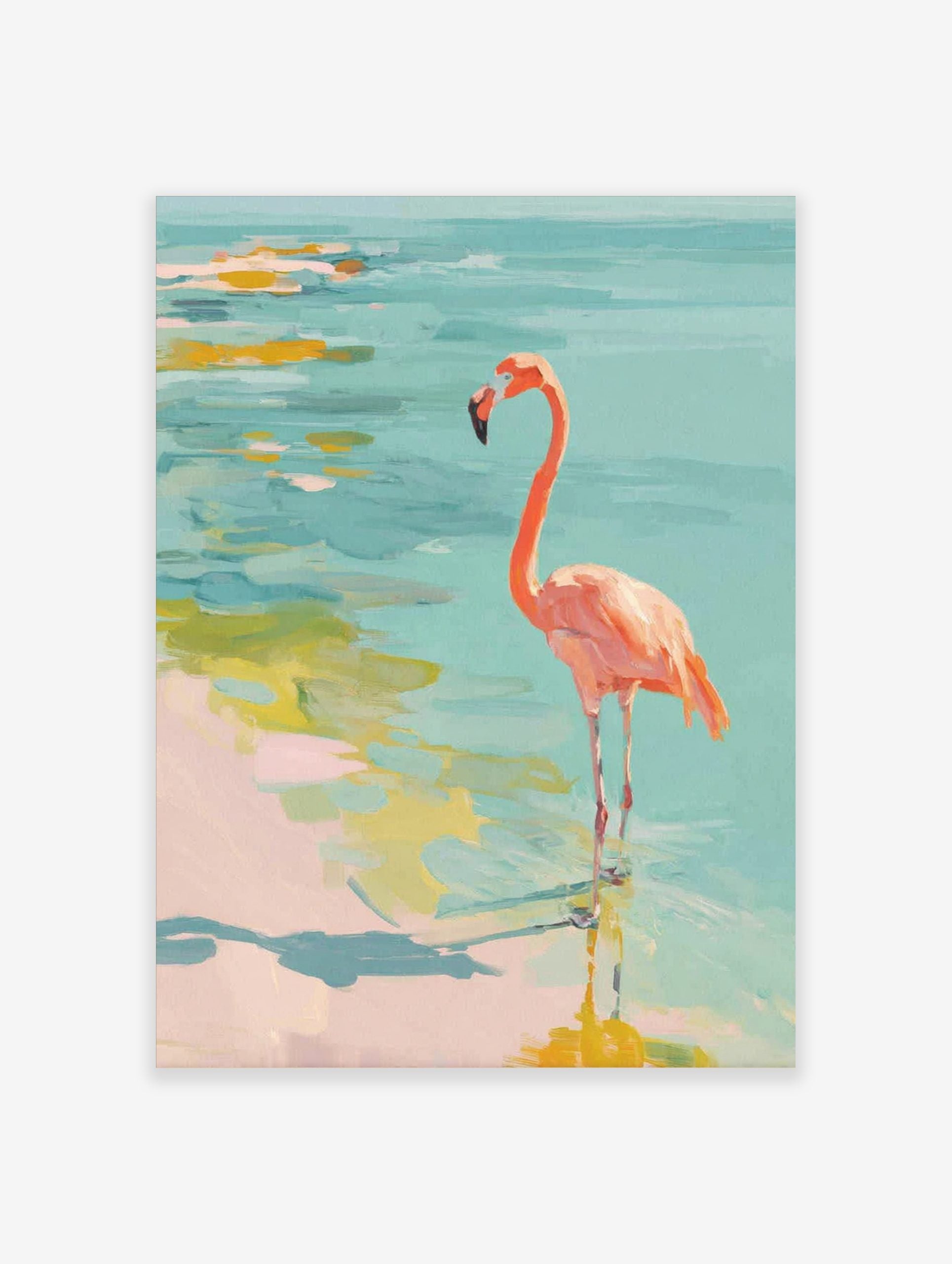 Pink flamingo standing in shallow turquoise water with yellow reflections, painted in an impressionistic style