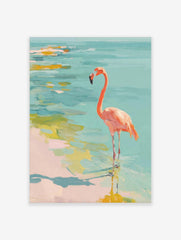 Pink flamingo standing in shallow turquoise water with yellow reflections, painted in an impressionistic style