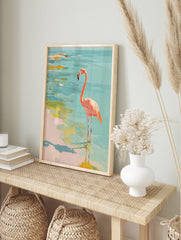 Pink flamingo standing in shallow turquoise water with yellow reflections, painted in an, in an alternate framed mockup