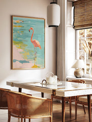 Pink flamingo standing in shallow turquoise water with yellow reflections, painted in an, in a styled room mockup