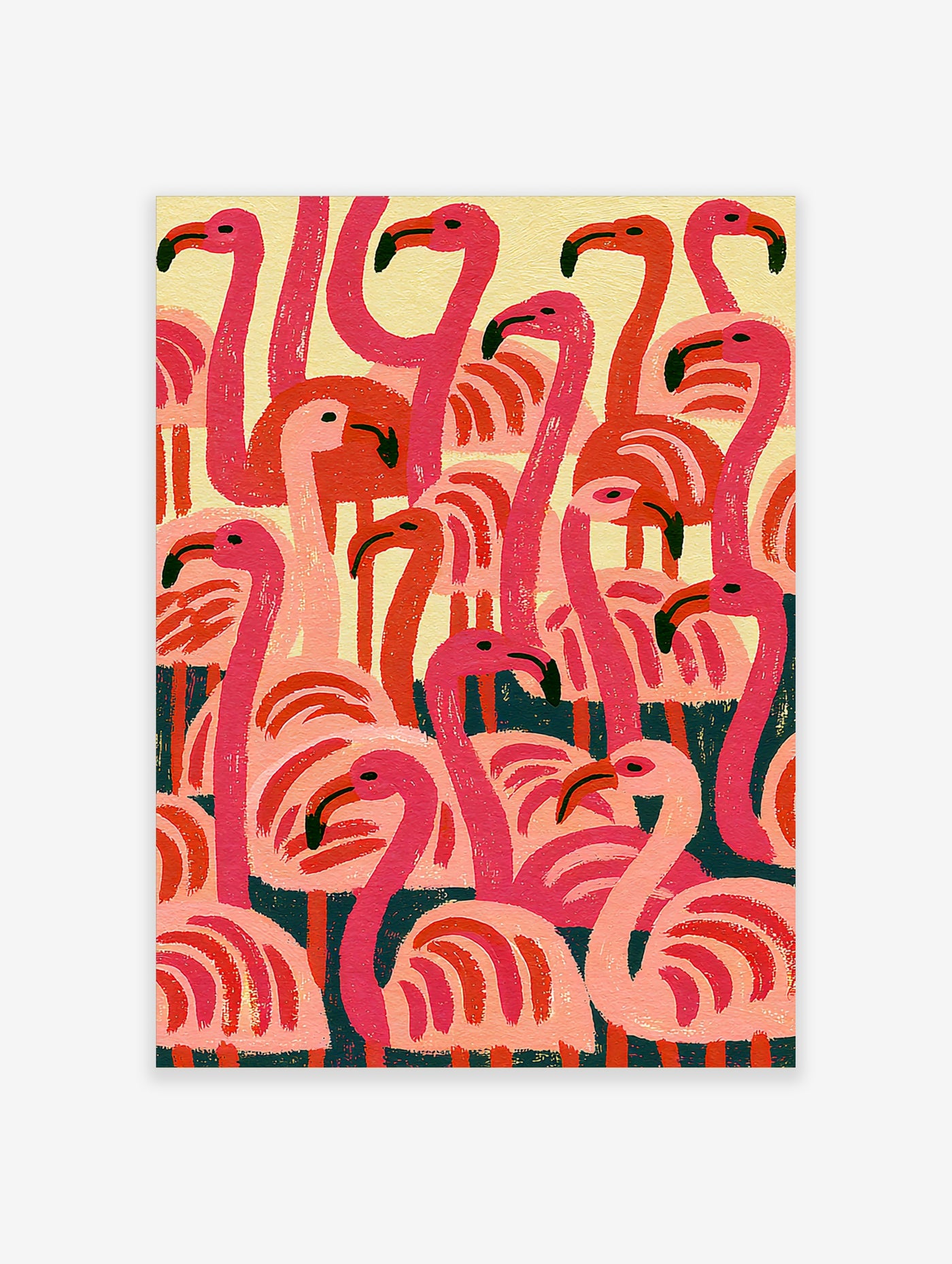Pink flamingo wall art print featuring a dense flock of stylised pink and coral birds on yellow and teal background