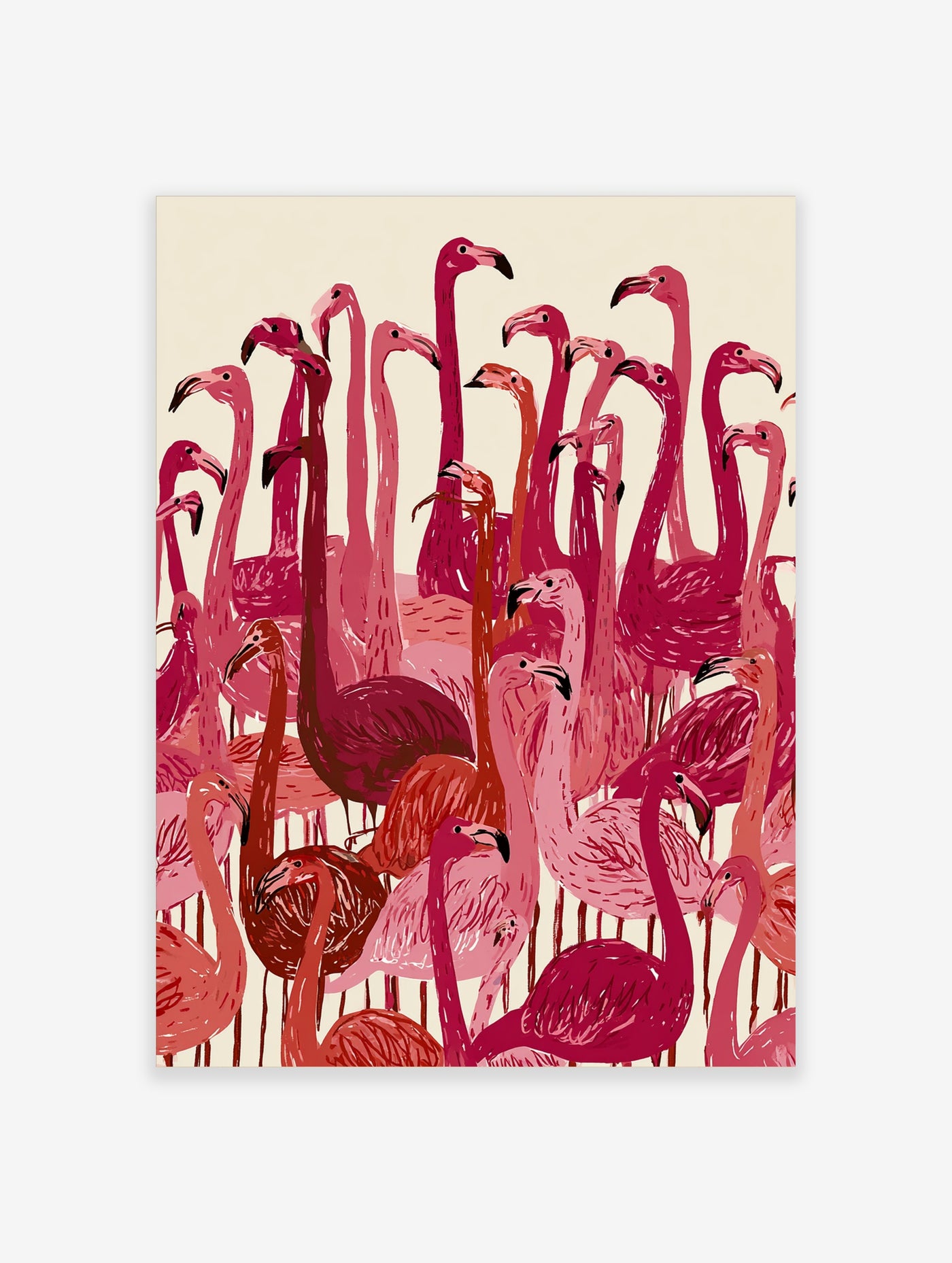 Illustrated pink flamingo flock wall art print on cream background
