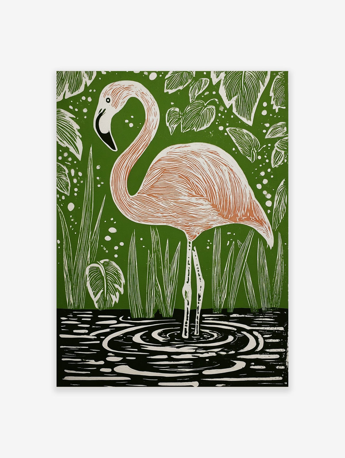 Illustrative pink flamingo standing in water with green foliage background art print