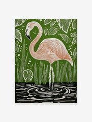 Illustrative pink flamingo standing in water with green foliage background art print
