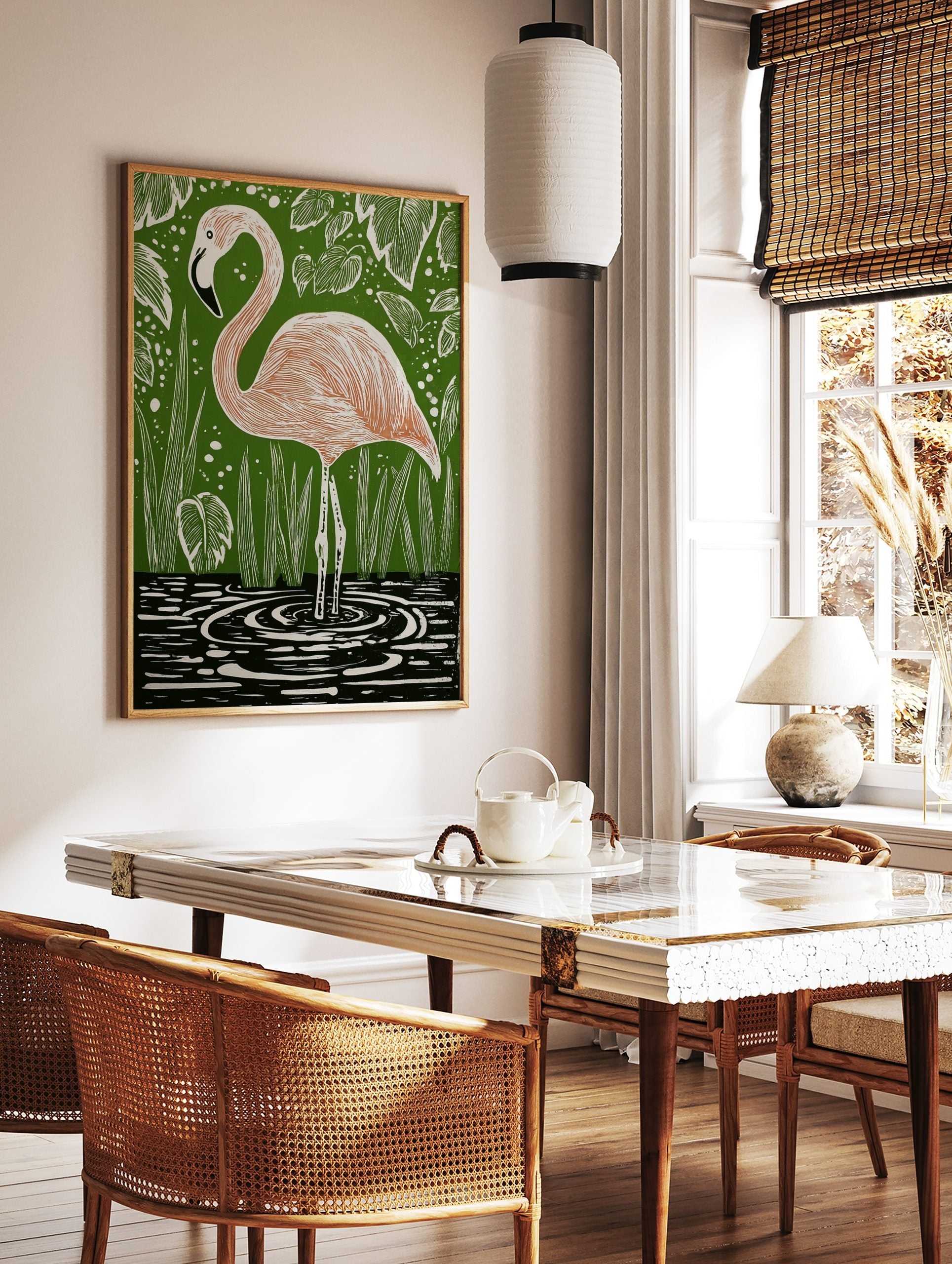Illustrative pink flamingo standing in water with green foliage background art print, in a styled room mockup