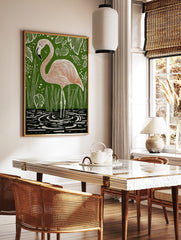 Illustrative pink flamingo standing in water with green foliage background art print, in a styled room mockup
