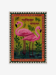 Pink Flamingo Wall Art print featuring two flamingos, green plants, Indian folk art border, and Devanagari script, like a postage stamp.