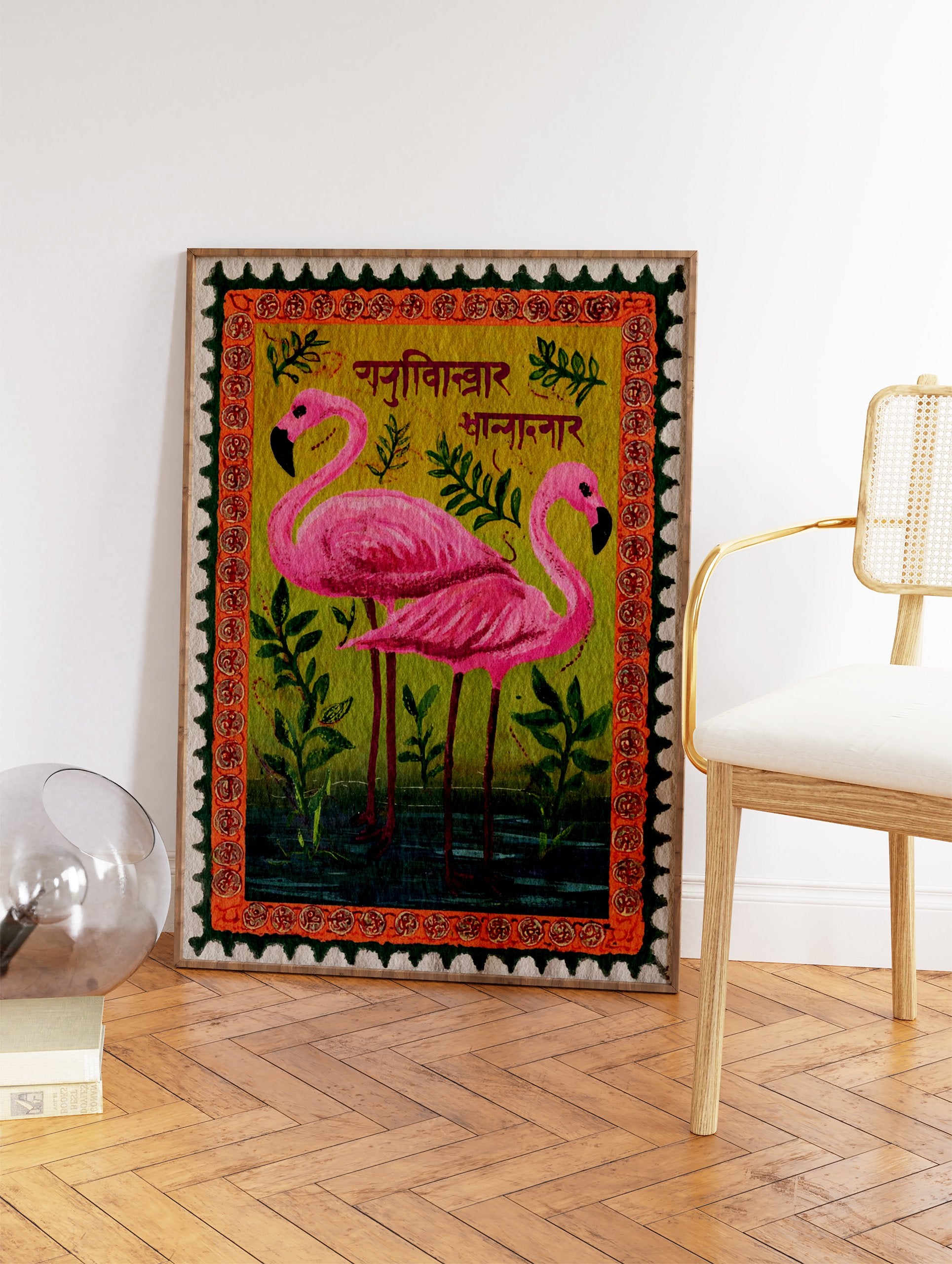 Pink Flamingo Wall Art print featuring two flamingos, green plants, Indian folk art border, and Devanagari script, like a postage stamp. - Image 2