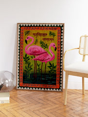 Pink Flamingo Wall Art print featuring two flamingos, green plants, Indian folk art border, and Devanagari script, like a postage stamp. - Image 2