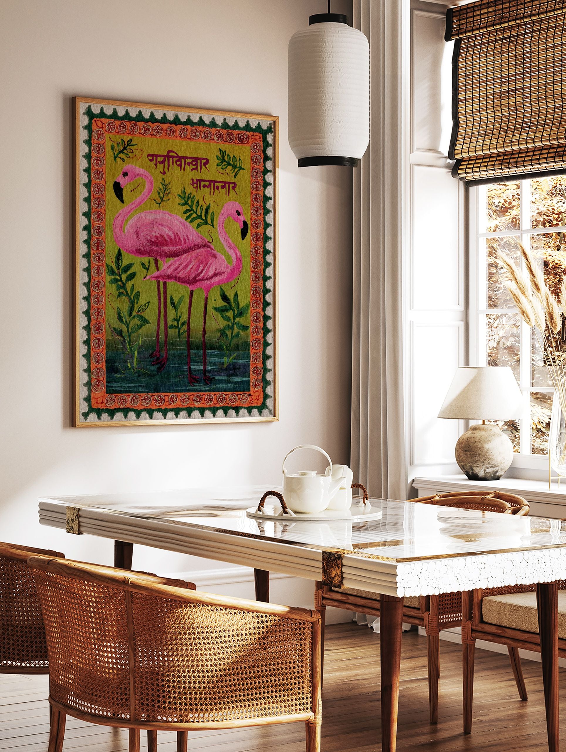 Pink Flamingo Wall Art print featuring two flamingos, green plants, Indian folk art border, and Devanagari script, like a postage stamp. - Image 3