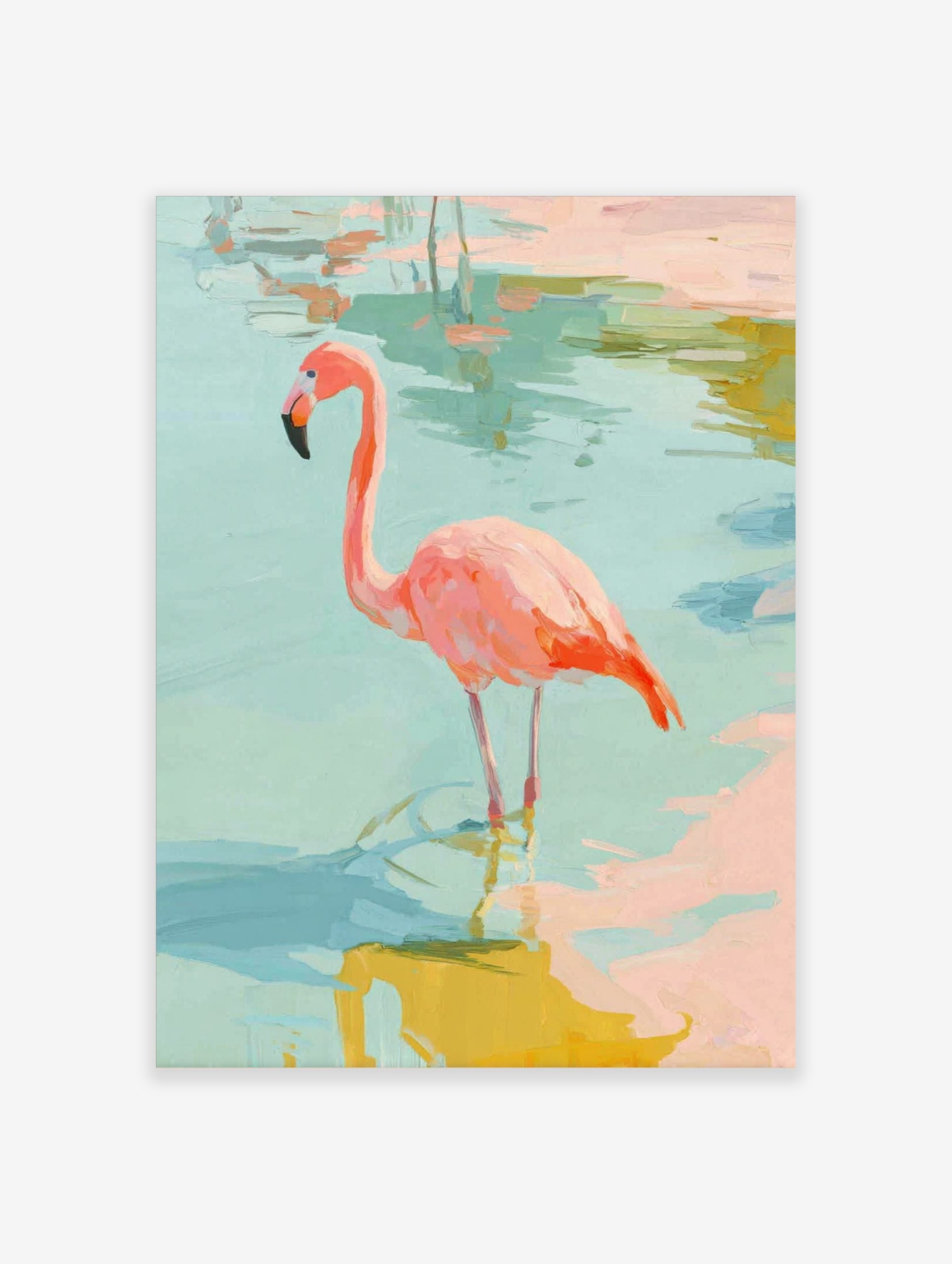 Painterly pink flamingo standing in shallow blue-green water, impressionistic art print