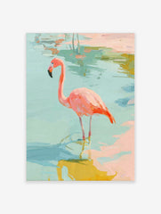 Painterly pink flamingo standing in shallow blue-green water, impressionistic art print