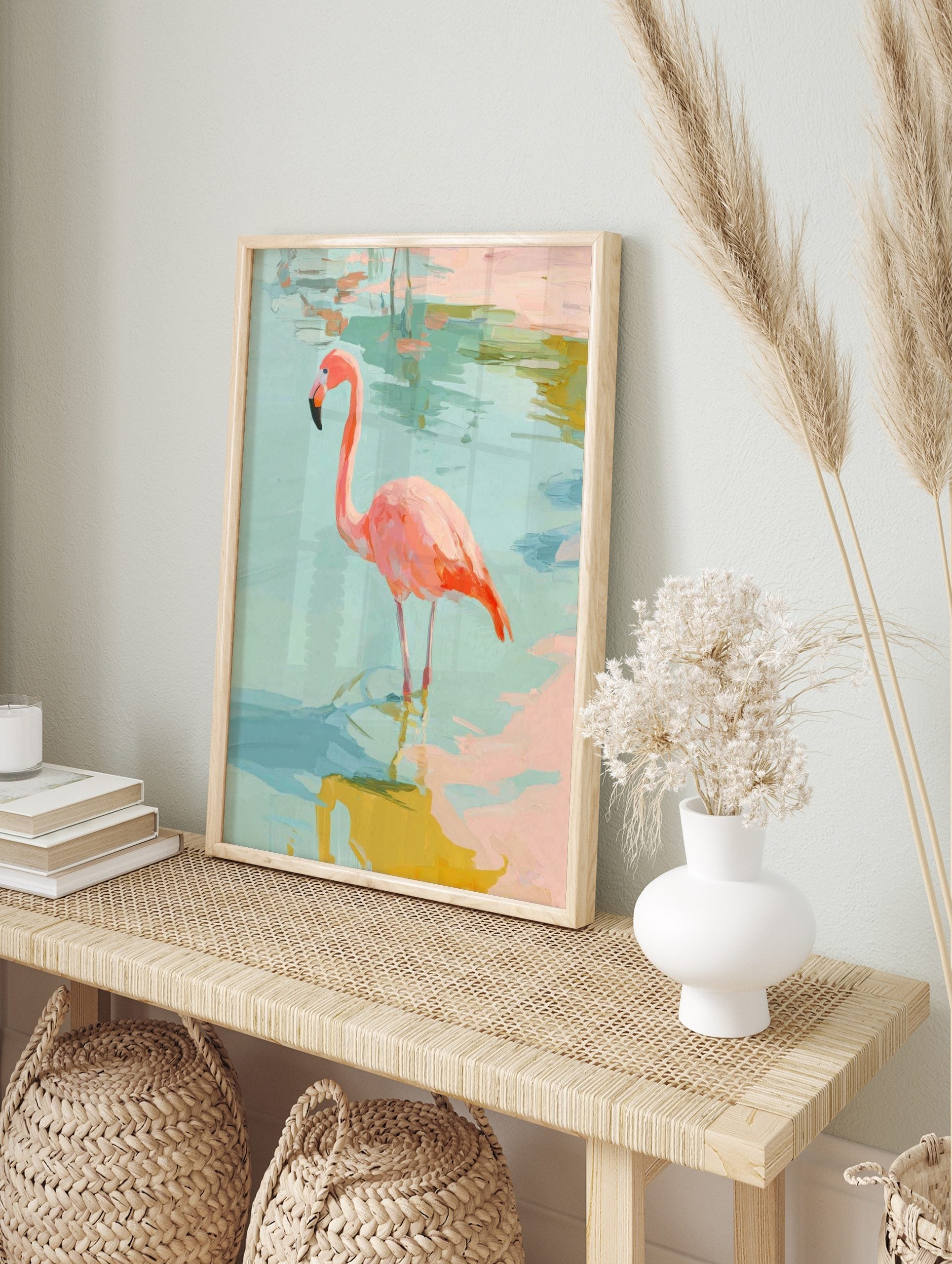 Painterly pink flamingo standing in shallow blue-green water, impressionistic art print, in an alternate framed mockup