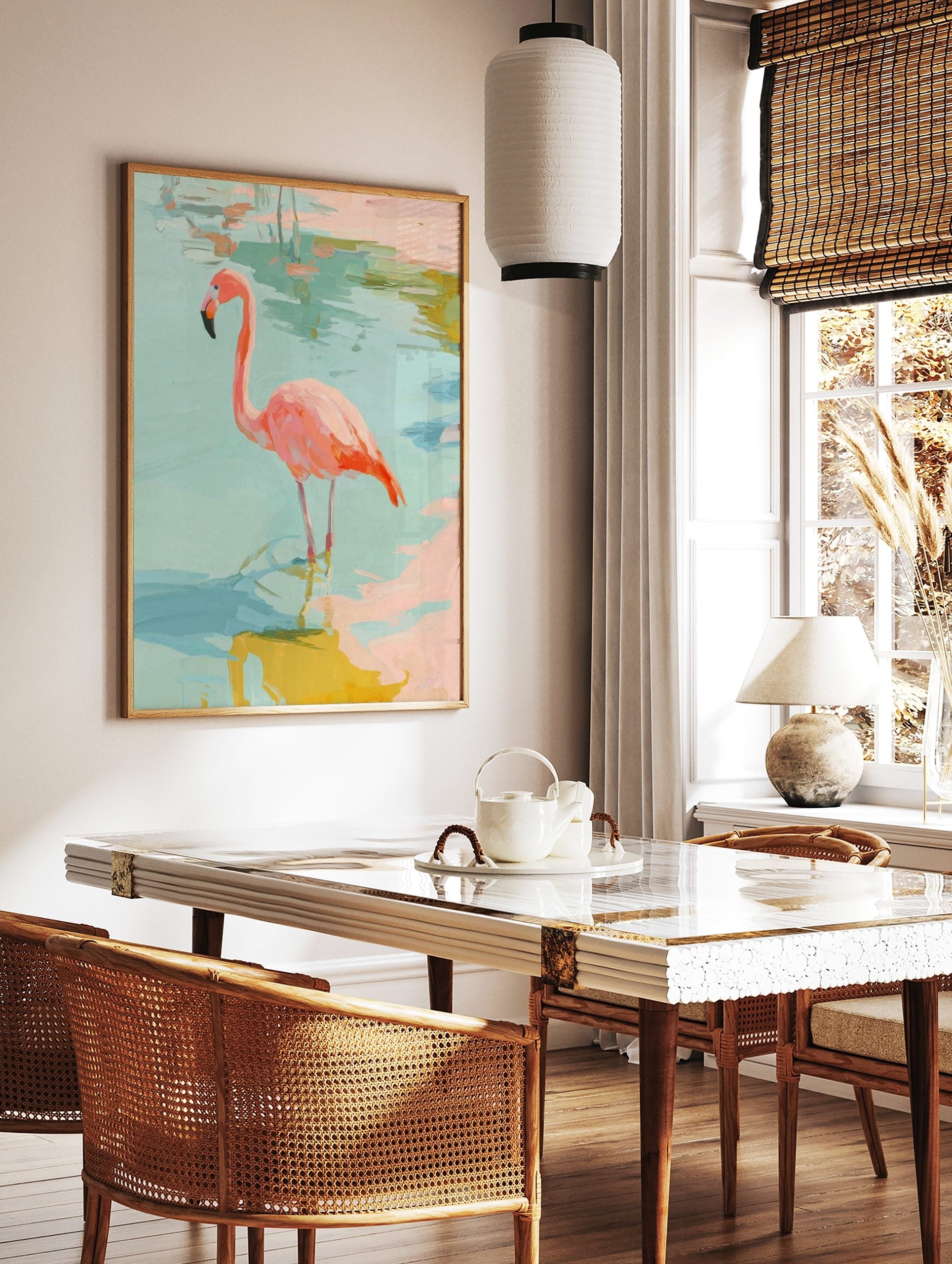 Painterly pink flamingo standing in shallow blue-green water, impressionistic art print, in a styled room mockup