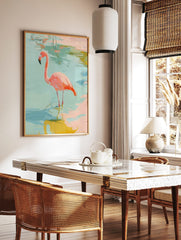 Painterly pink flamingo standing in shallow blue-green water, impressionistic art print, in a styled room mockup