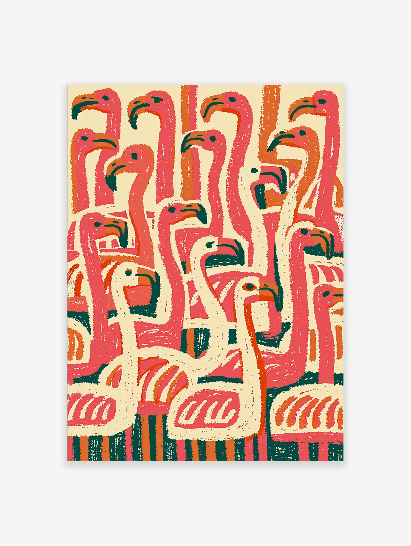 Pink flamingo wall art, retro screen-print style, dense flock in coral, orange, teal on cream