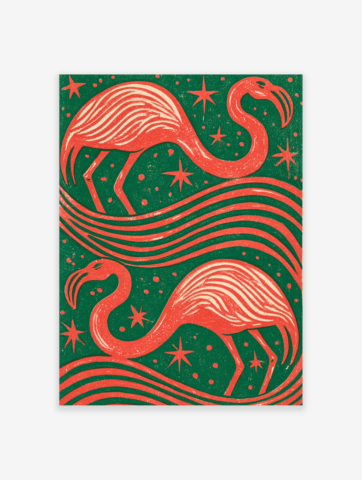 Pink flamingo art print with two birds, wavy lines, and retro stars on green background