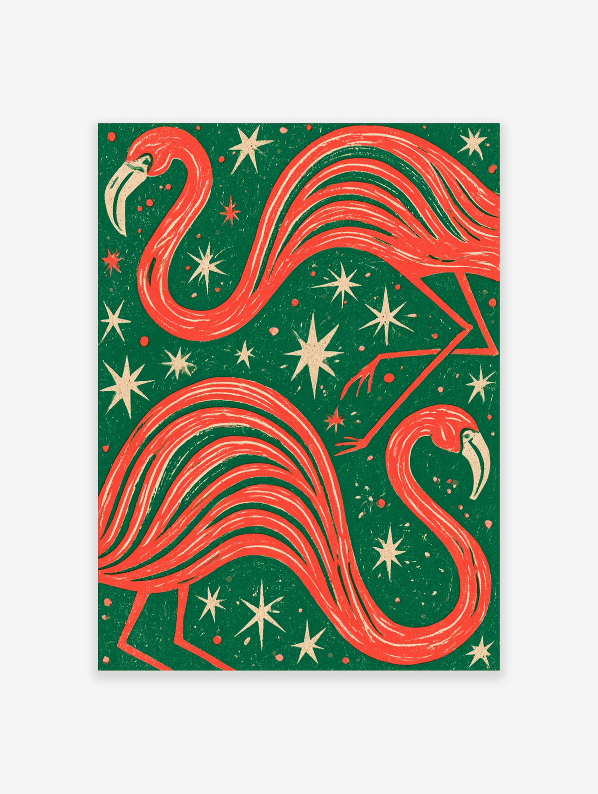 Pink flamingo art print with two birds and cream starbursts on green background