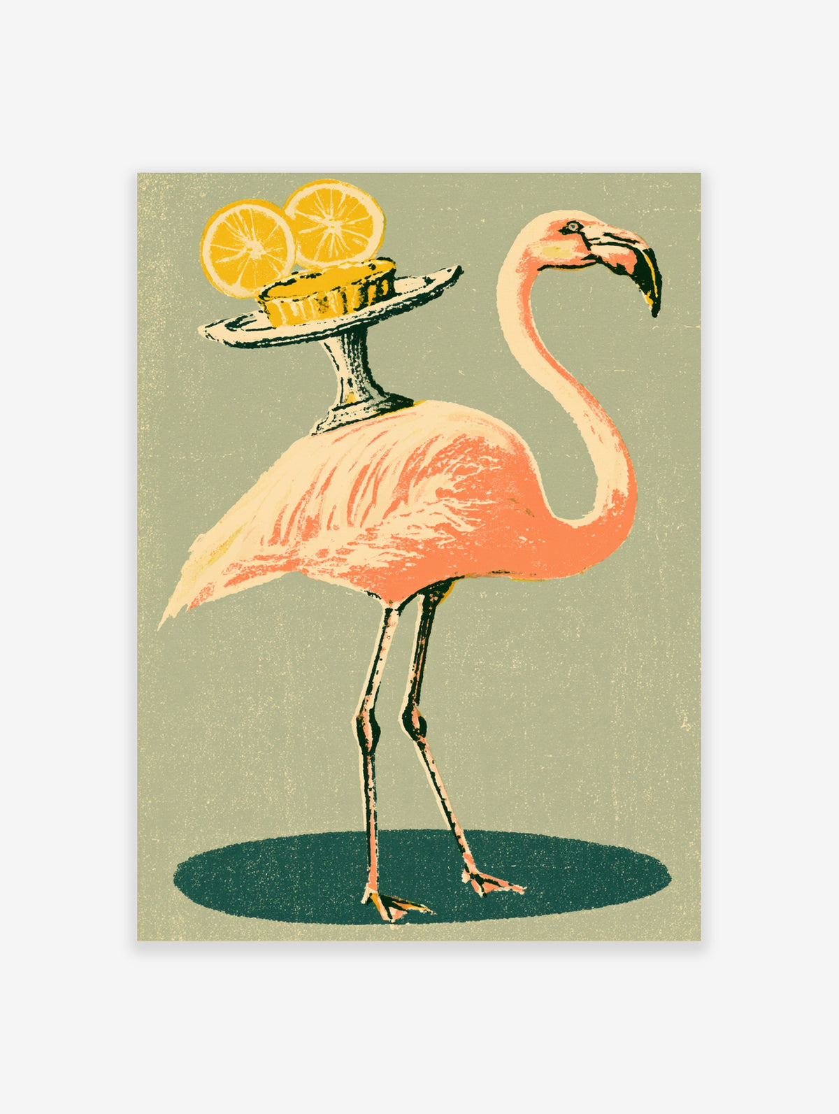 Pink flamingo illustration balancing a tray with lemon slices and cake on a sage green background
