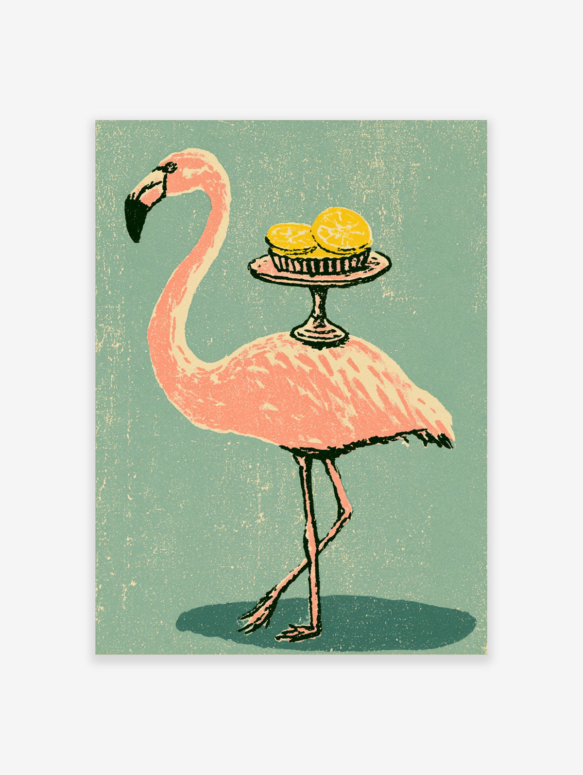 Pink flamingo balancing a tray of citrus fruit on its back, teal background, bird art print