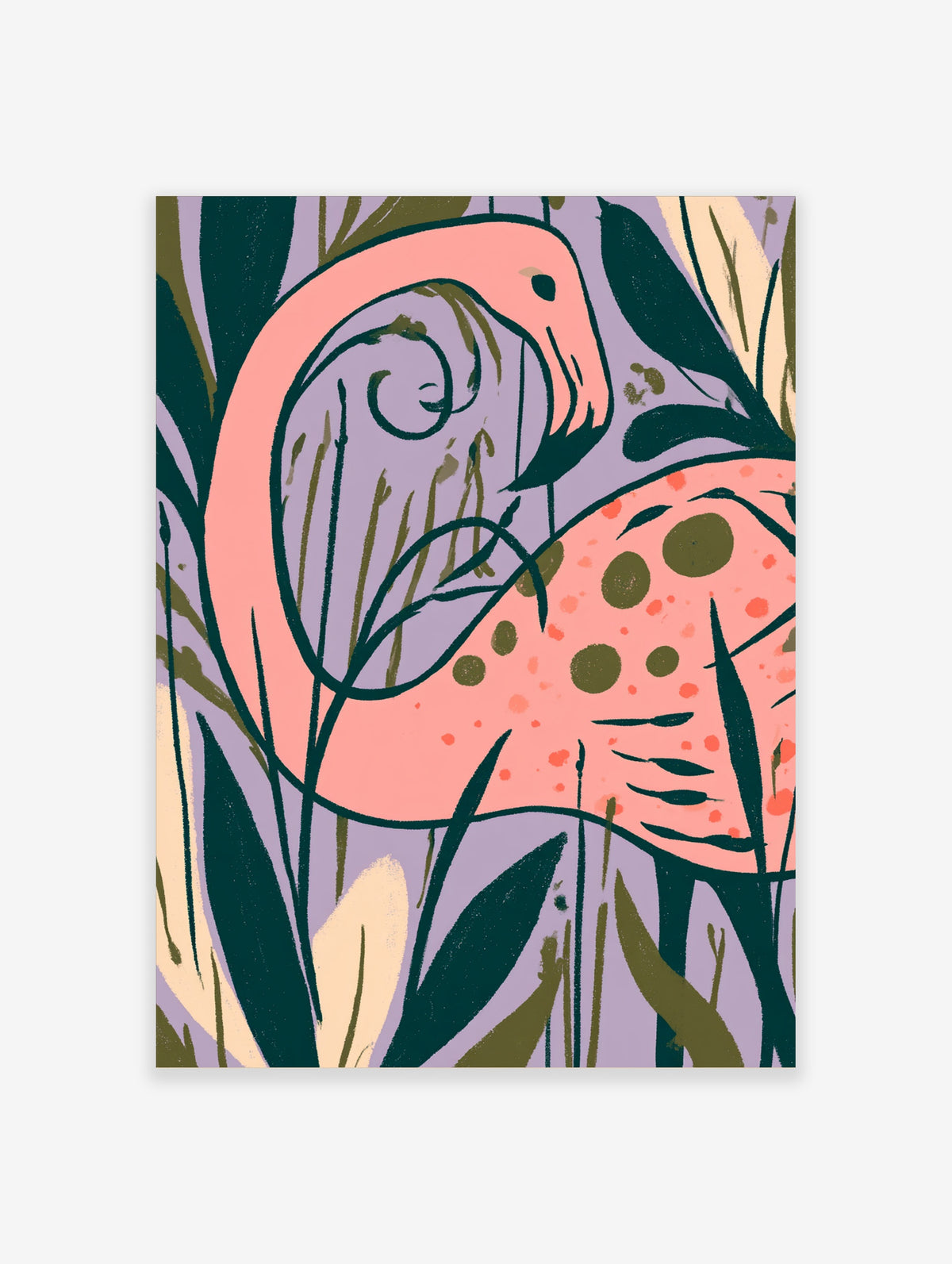 Pink flamingo with curved neck and spotted body among dark green leaves on lilac background art print