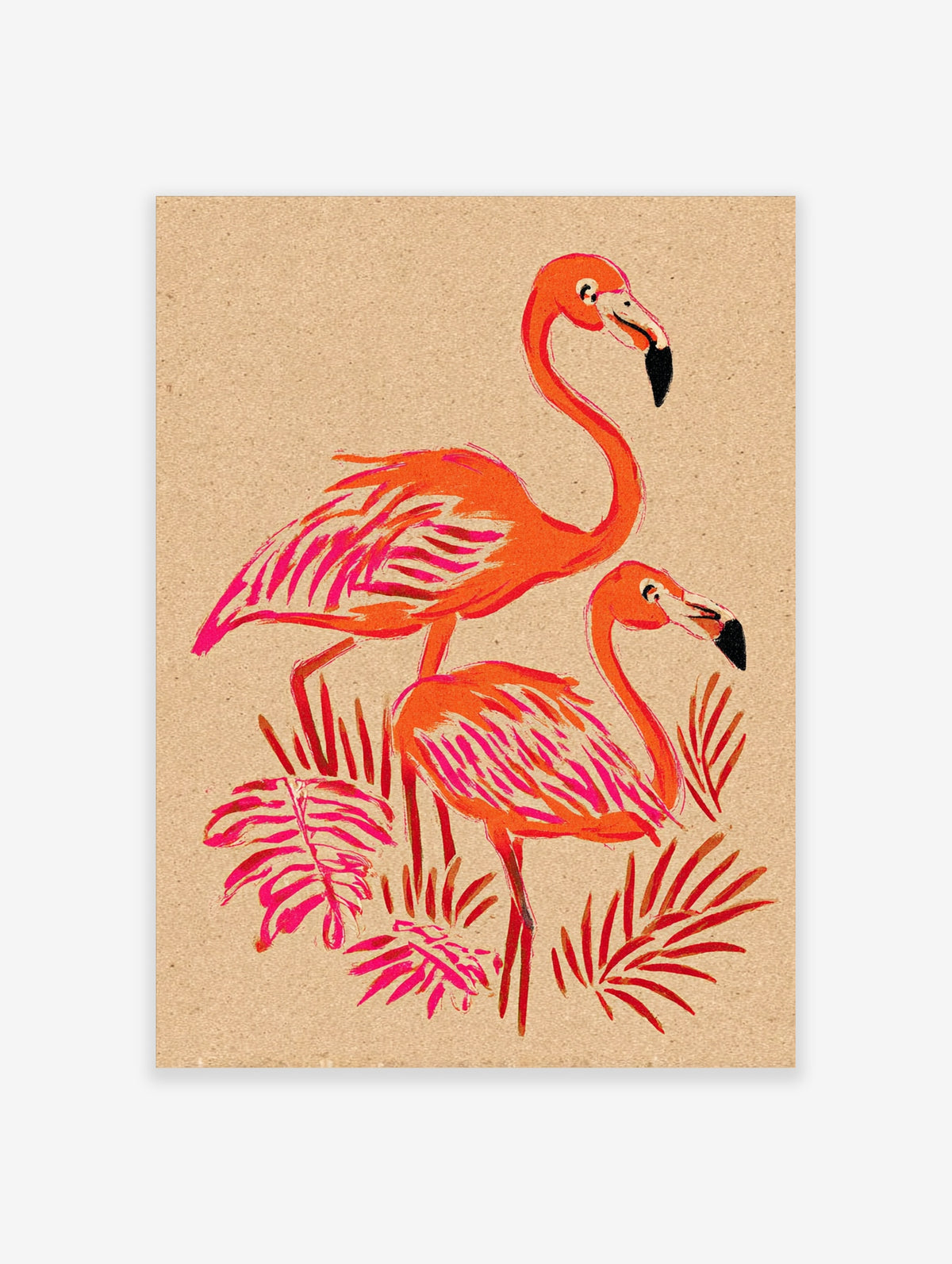 Pink flamingo wall art print with two flamingos and tropical leaves on a beige background